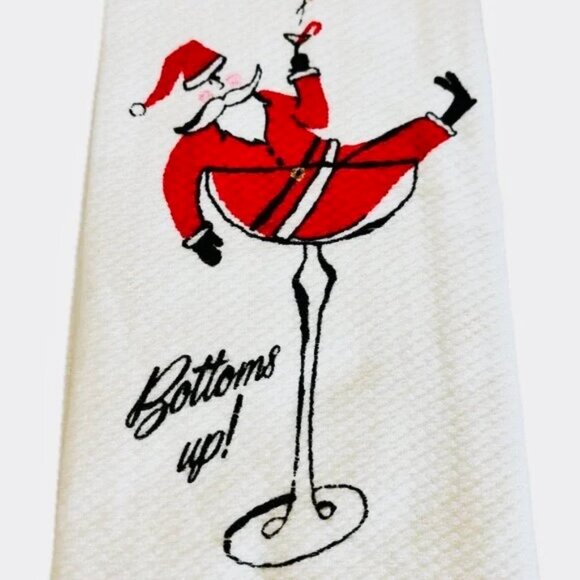 Kate Spade NY Santa Bottoms Up Raise A Glass Kitchen Dish Towels NWT - Picture 5 of 8